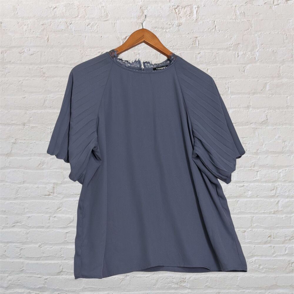Express Large Gray Purple Pleated Sleeve Blouse Lace Back Career Casual Top